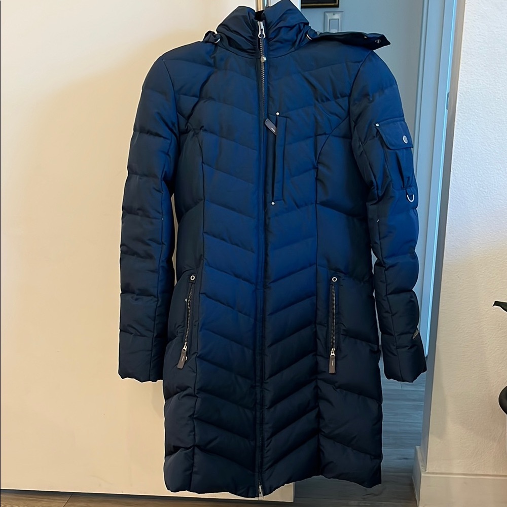 Women's Long Navy Quilted Down Coat with Removable Hood